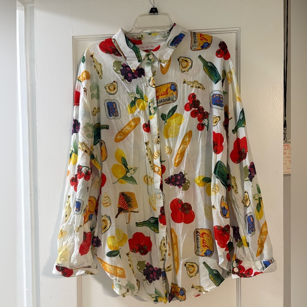 Lisa Says Gah White Button-Down Shirt with Multicolor Fruit & Grocery Print